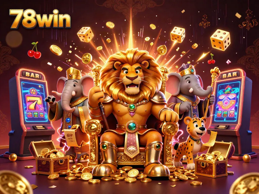 Experience the thrill of 78win casino with a fierce lion king surrounded by exciting gaming elements and energy.