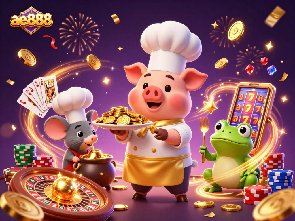 Experience excitement with ae888's vibrant 3D casino scene showcasing wealth and game elements.