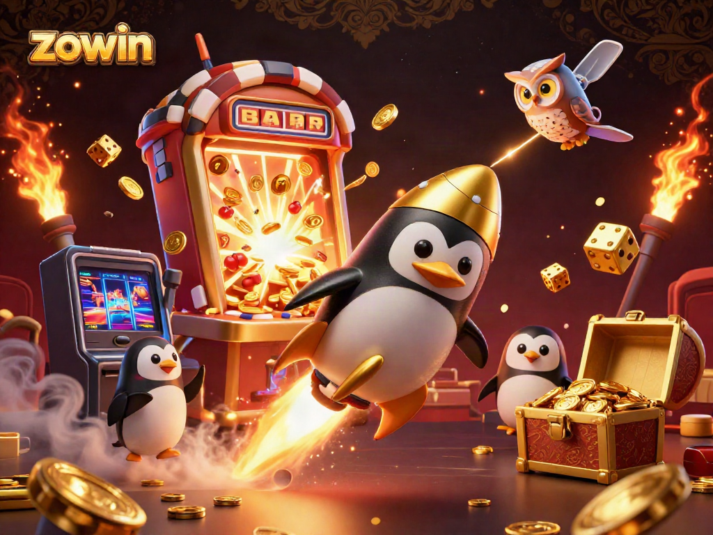 Zowin's thrilling 3D scene captures excitement with golden coins and vibrant casino elements.