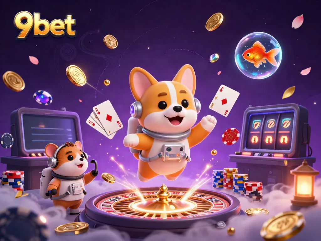 Experience the thrill of the 9bet casino with a whimsical astronaut corgi surrounded by floating riches.