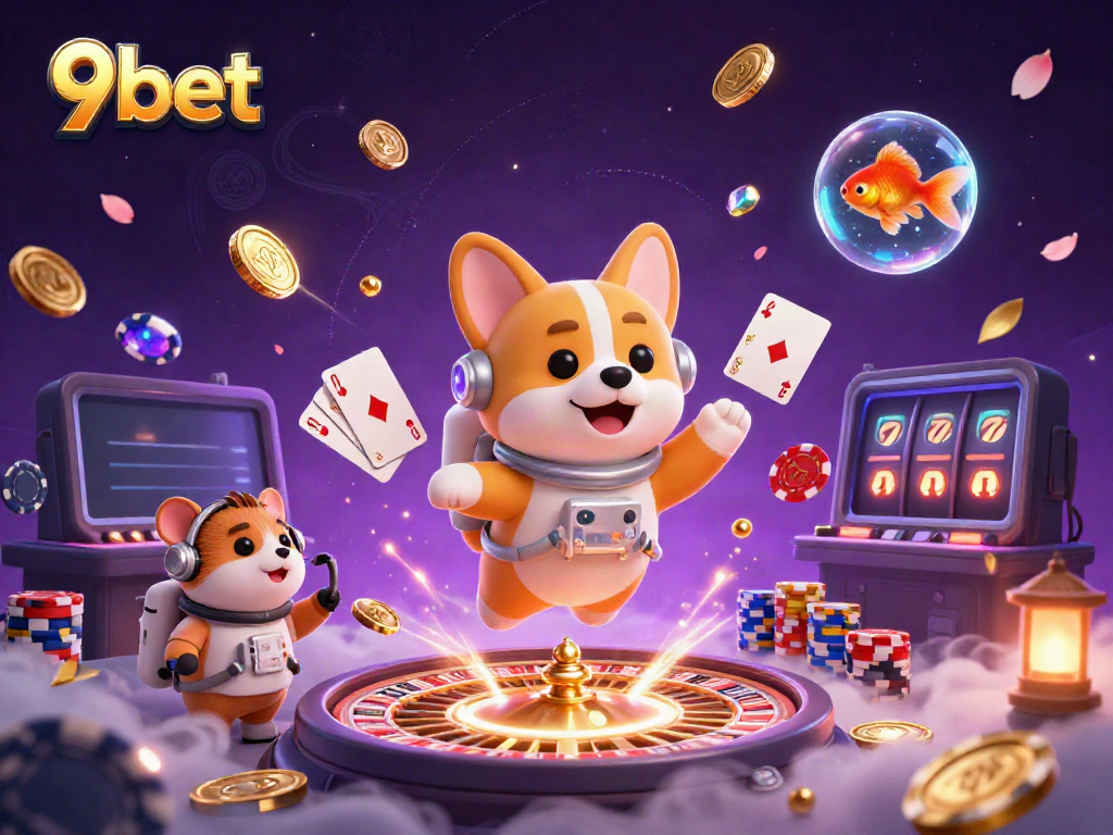 Experience the thrill of the 9bet casino with a whimsical astronaut corgi surrounded by floating riches.