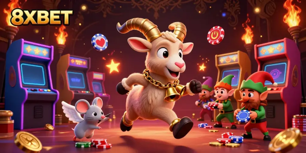Experience the thrilling world of 8XBET with a festive casino scene featuring Krampus, an angel mouse, and mischievous gremlins.