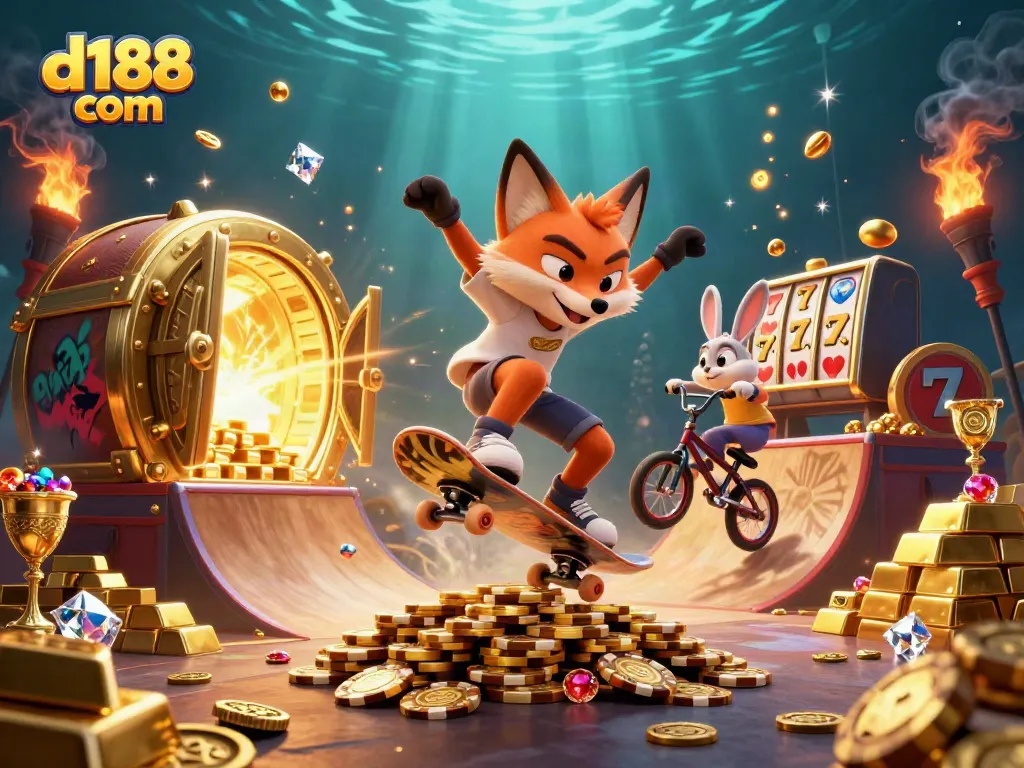 Engage with d188 com's vibrant casino scene featuring a skateboarder fox and BMX rabbit amidst glittering riches.