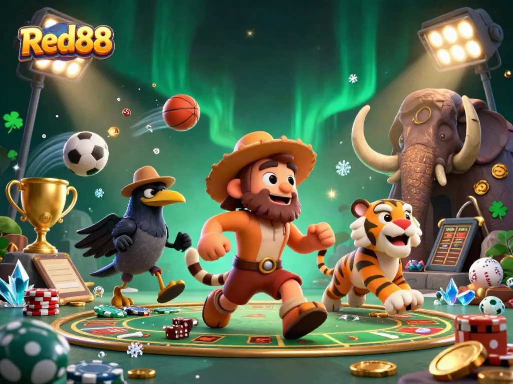 Experience the thrill of gaming with Red88 in this dynamic 3D casino scene featuring unique characters and game elements.