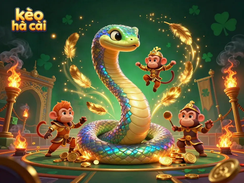 Engaging scene of kèo nhà cái featuring a rainbow serpent and monkey king in a sports betting arena.