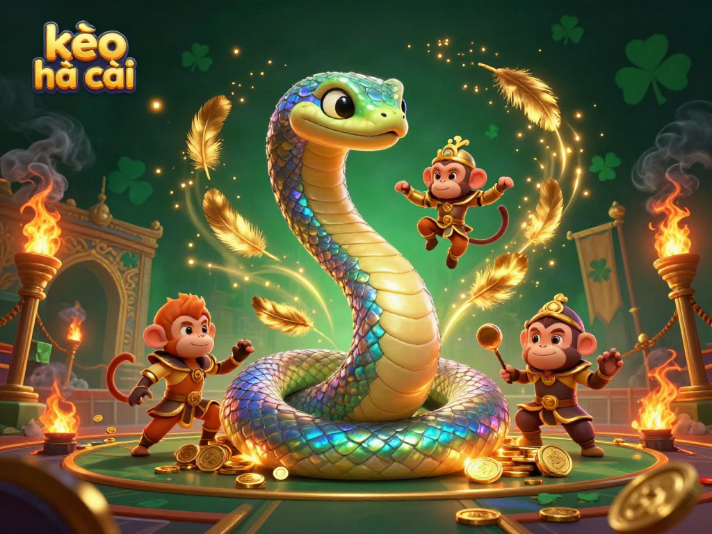 Engaging scene of kèo nhà cái featuring a rainbow serpent and monkey king in a sports betting arena.