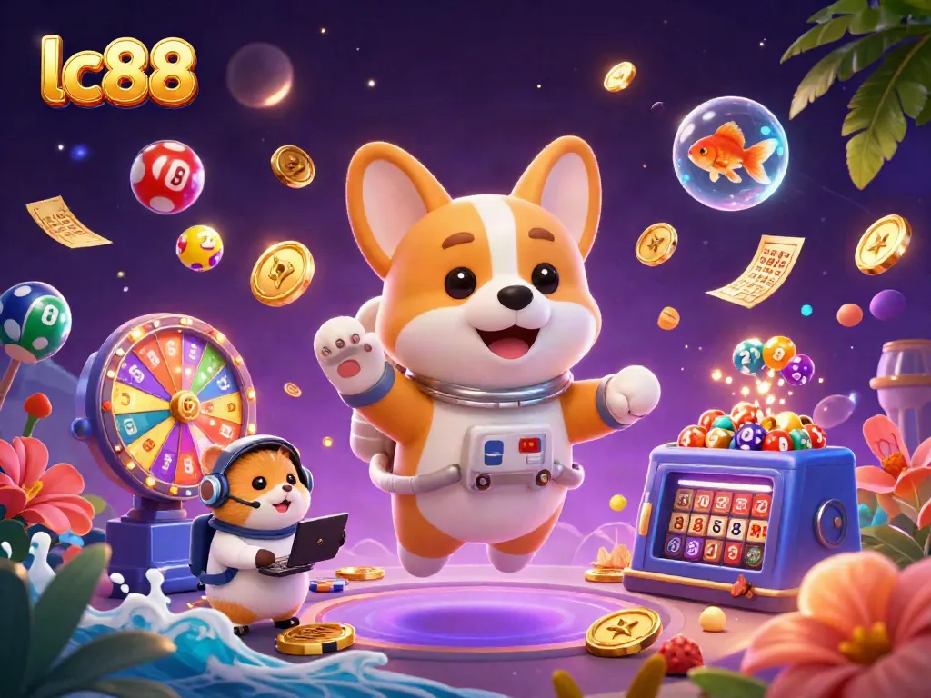 Engage in thrilling gameplay at lc88, featuring a dynamic space station casino scene with animated lottery balls and festive prizes.