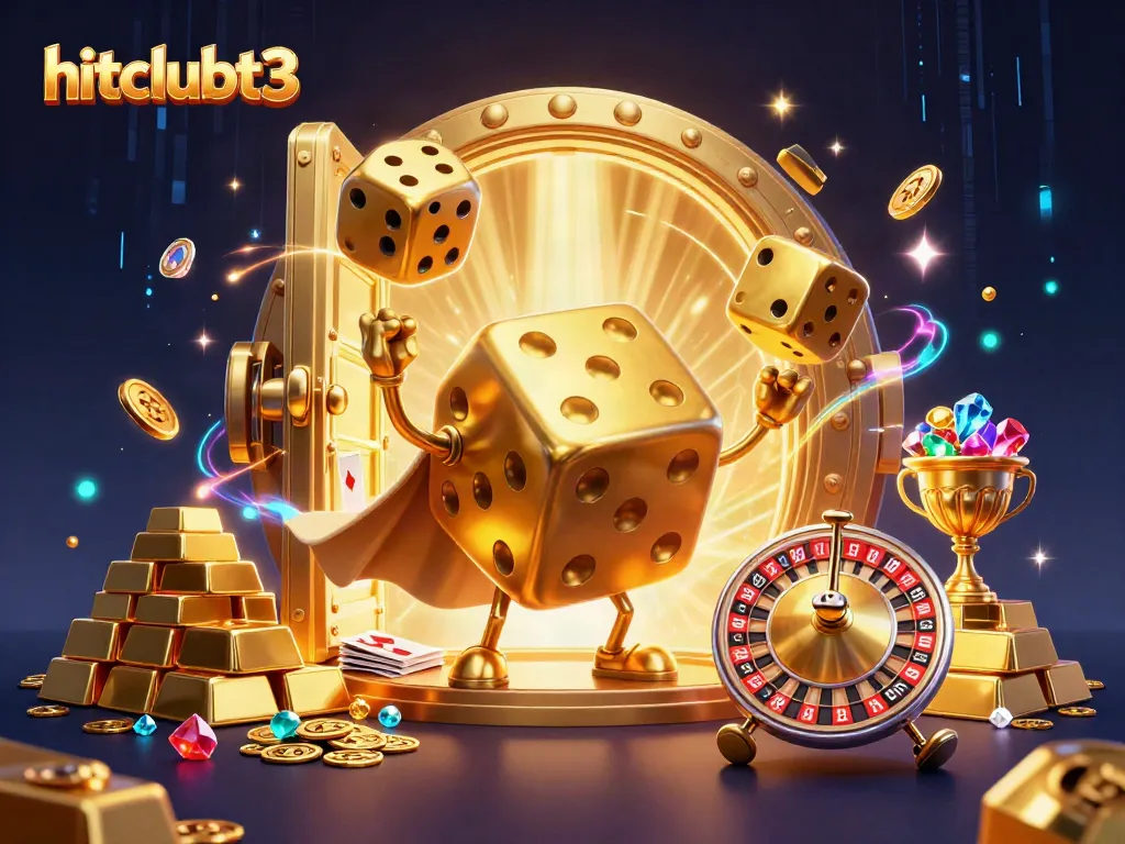 Experience the excitement of hitclubt3 with a vibrant 3D illustration of a dice golem and casino elements.