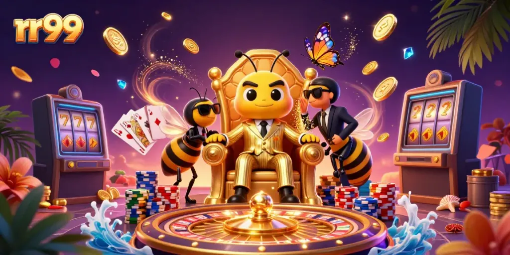 Experience the exciting world of rr99 with a cartoon bumblebee mob boss surrounded by casino elements.
