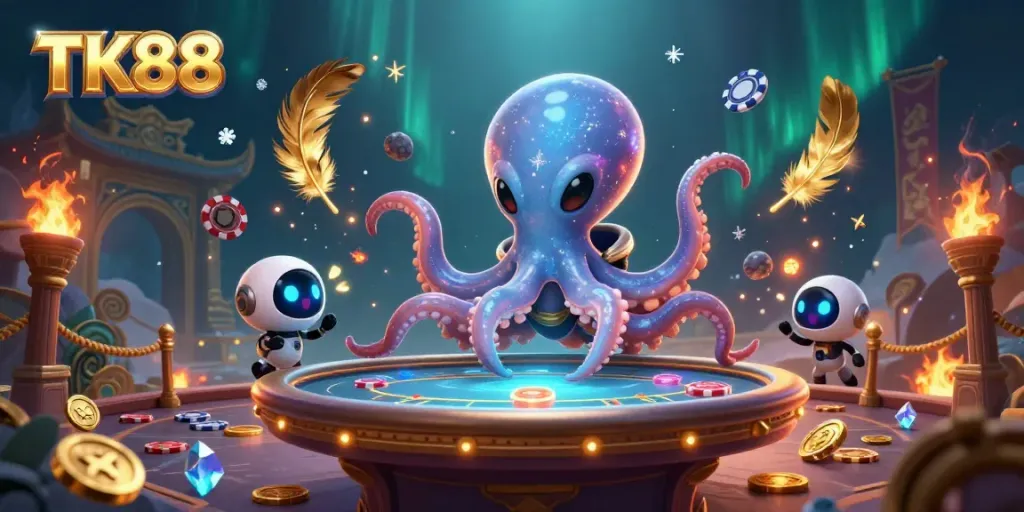 Engage with the vibrant scene of TK88's alien octopus hosting a holographic poker table in outer space.