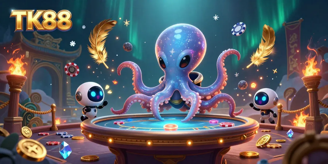 Engage with the vibrant scene of TK88's alien octopus hosting a holographic poker table in outer space.