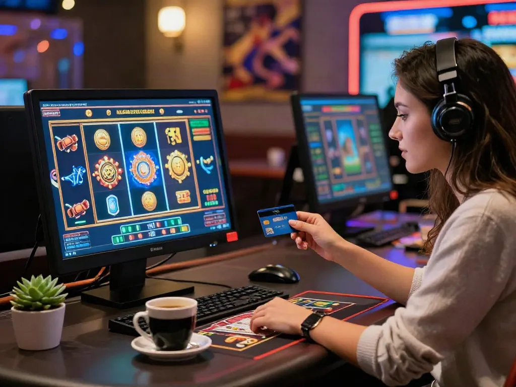 Player engaging with slot game at credit card casinos, vibrant visuals and cozy desk setup.