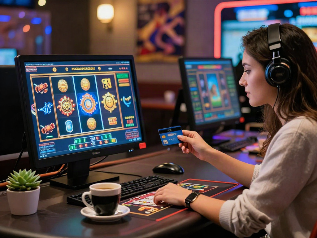 Player engaging with slot game at credit card casinos, vibrant visuals and cozy desk setup.