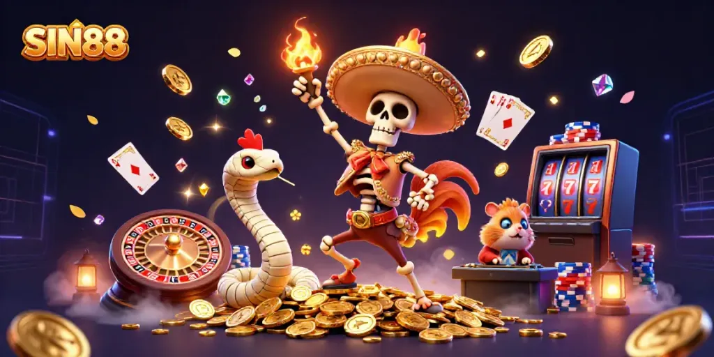 Engage with SIN88 as a vibrant skeleton mariachi rooster dances on golden coins amidst a lively casino scene.