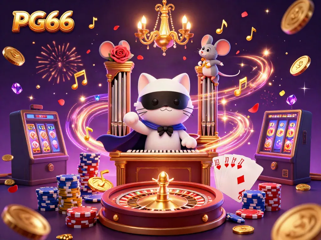 Experience the excitement of PG66 with a whimsical 3D casino illustration of a white cat and mouse acrobat amidst coins and gems.