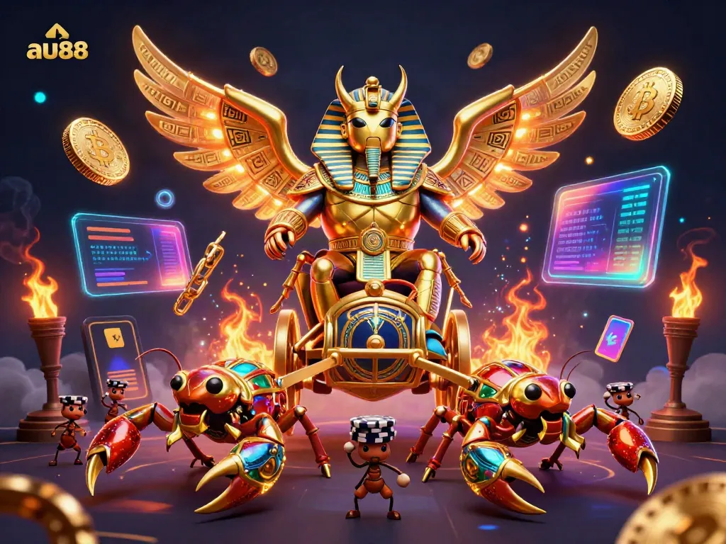 Experience the thrilling action of au88 with a golden scarab beetle and gambling elements.