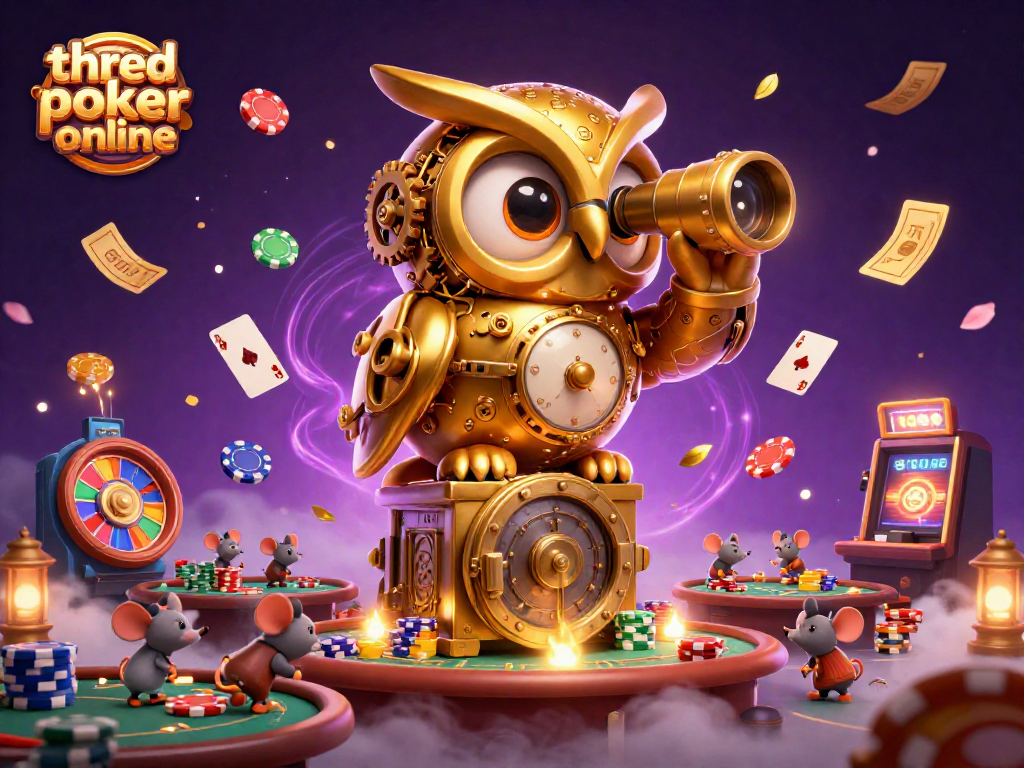 Engage with three card poker online in this vibrant casino scene filled with dynamic poker elements.