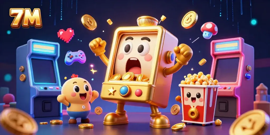 The engaging 7M slot machine scene captures excitement as it hits a jackpot with cheering machines and golden coins spilling out.