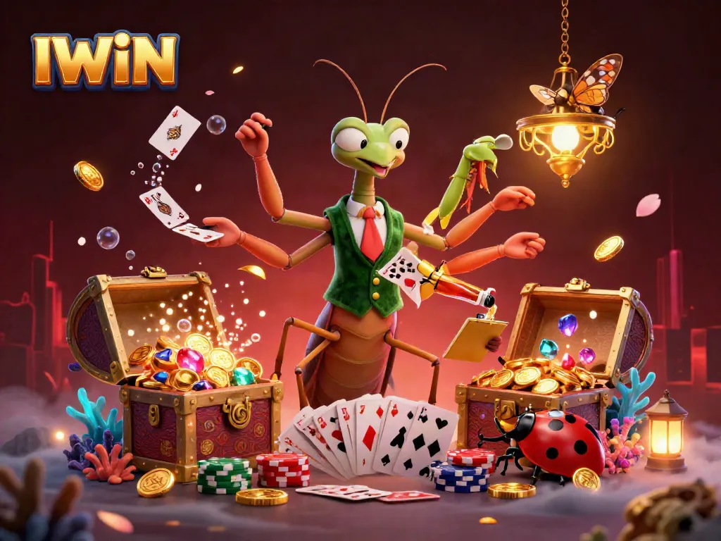 IWIN's vibrant gaming scene features a classic mantis dealer and ladybug pit boss in an engaging casino atmosphere.