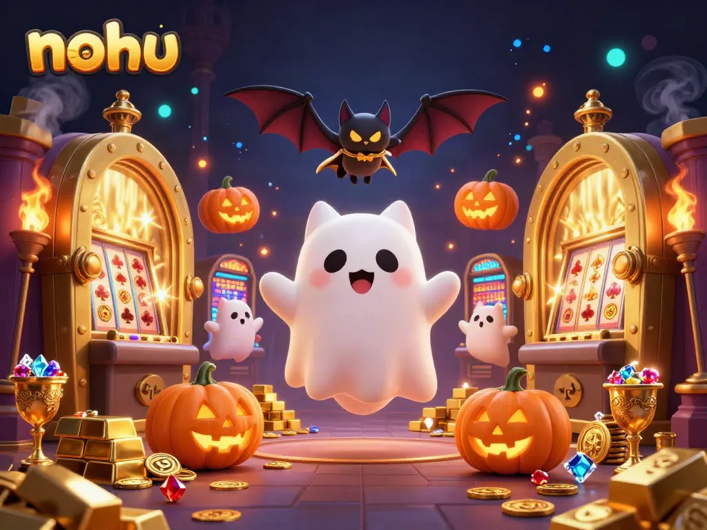 Embrace the thrills of nohu with a ghost cat and vampire bat amidst sparkling casino treasures.