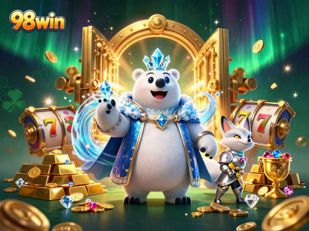Engage in thrilling gameplay at 98win, a dazzling scene of luck and fortune with animated casino elements.