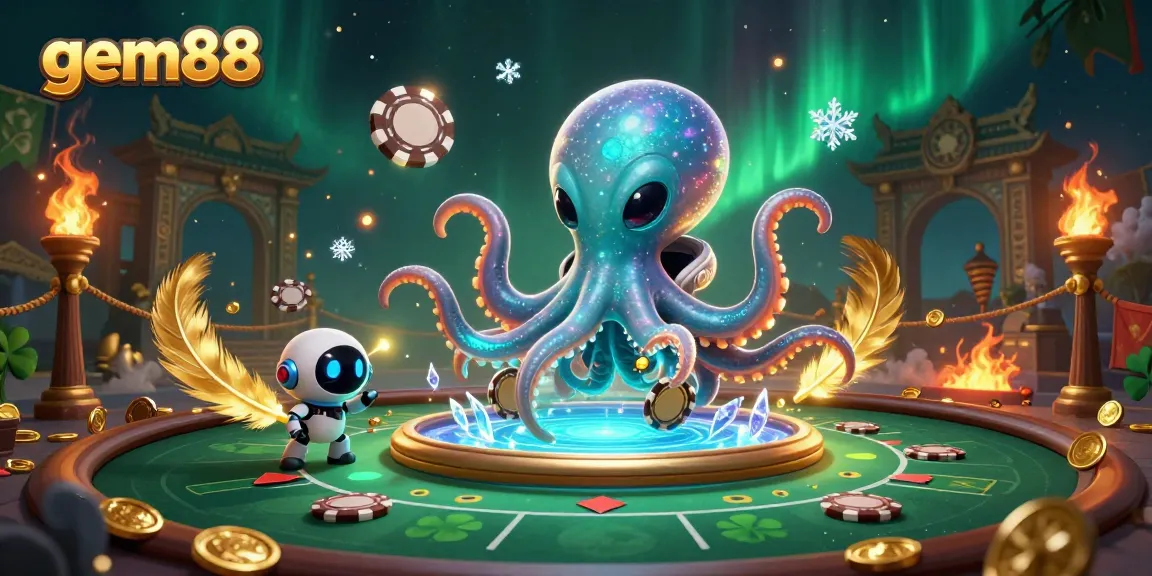 Experience thrilling gameplay at gem88 with an alien octopus and robot at a holographic poker table.