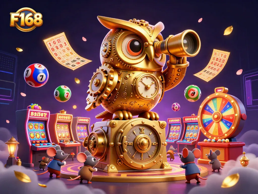 Experience the vibrant F168 casino scene with dynamic elements and golden owl guarding the excitement.