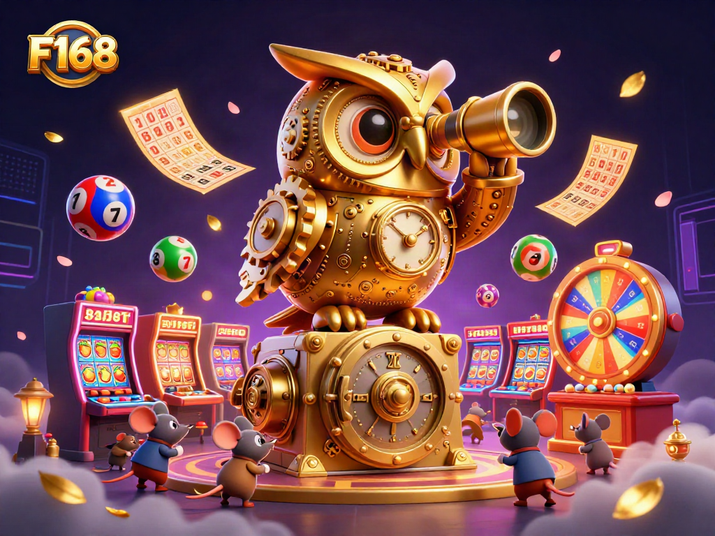 Experience the vibrant F168 casino scene with dynamic elements and golden owl guarding the excitement.