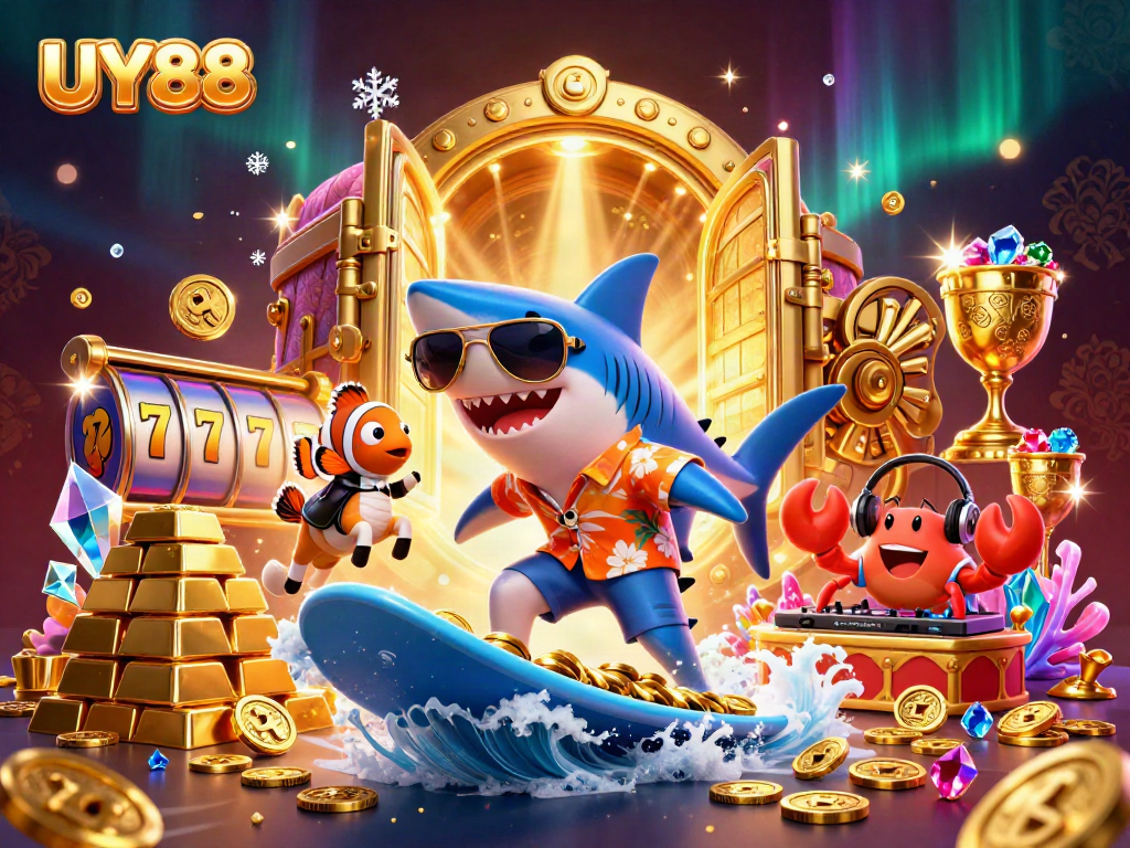 Experience winning thrills with UY88 as a shark surfs coins in a vibrant casino scene.