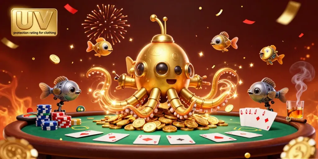 Experience the UV protection rating for clothing with this engaging casino-themed illustration featuring exciting elements.