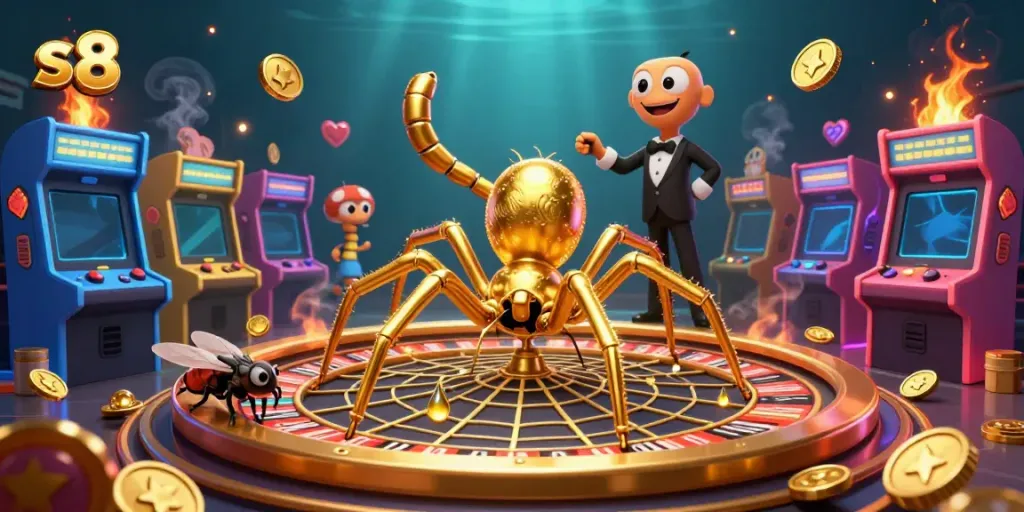 Experience the thrill of s8 with a golden spider in a roulette web, an engaging casino atmosphere.