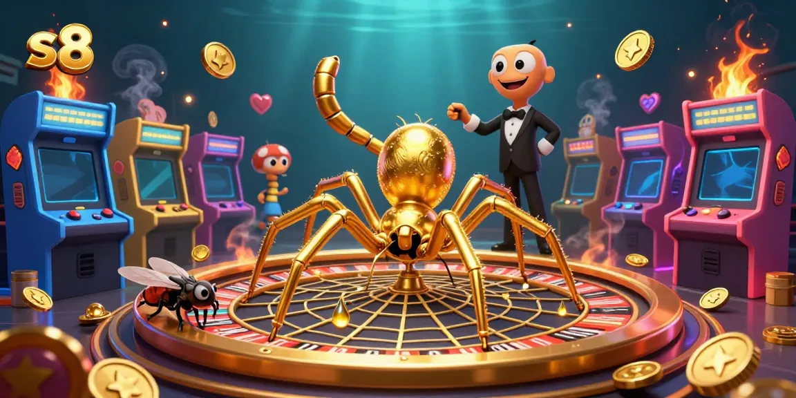 Experience the thrill of s8 with a golden spider in a roulette web, an engaging casino atmosphere.
