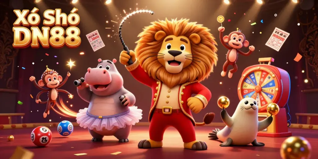 Xổ Số DN88 showcases an exciting lottery scene featuring a vibrant circus of characters, balls, and prizes.