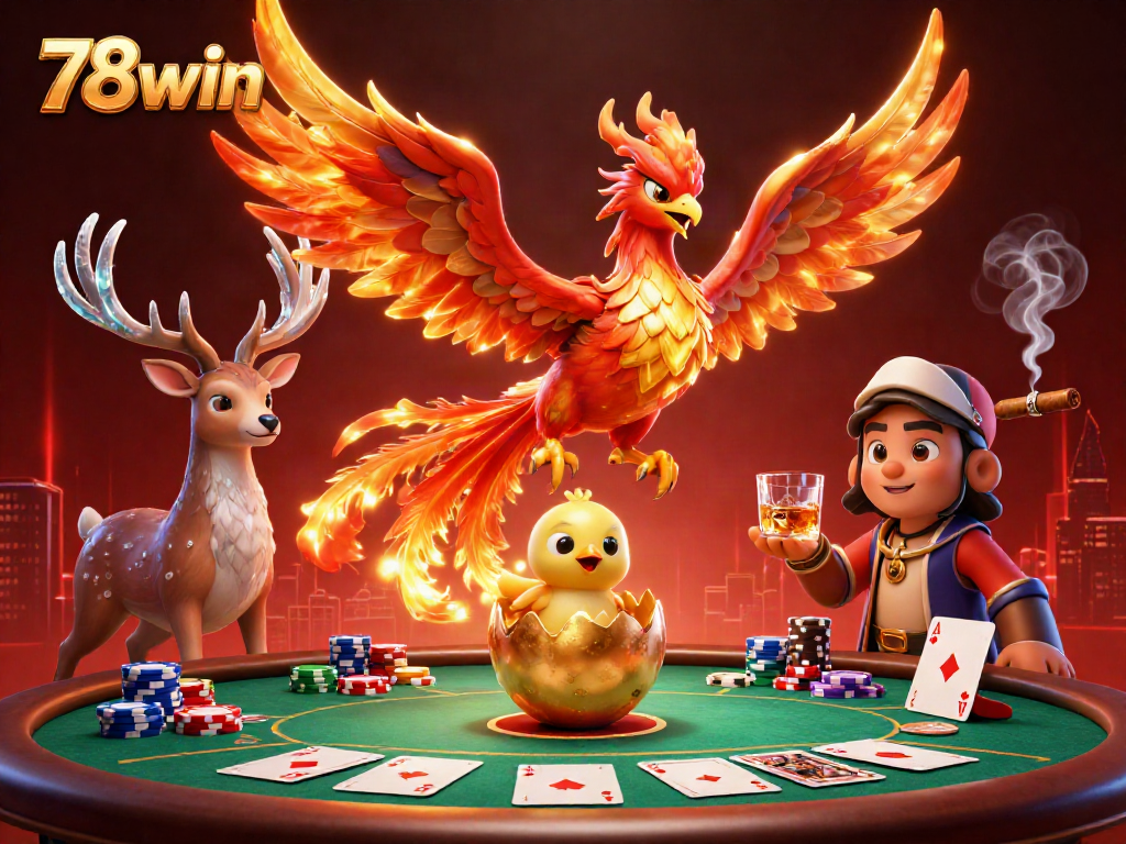 Experience thrilling gameplay with 78win featuring a fire phoenix and poker elements.