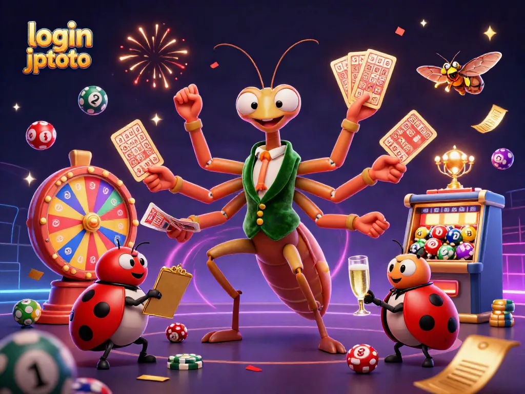 Engage with login jptoto with vibrant lottery elements and animated casino characters in a festive scene.