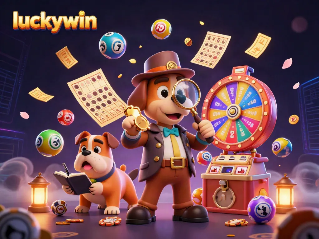Join luckywin's adventure with a detective bloodhound uncovering treasures in a vibrant casino scene.