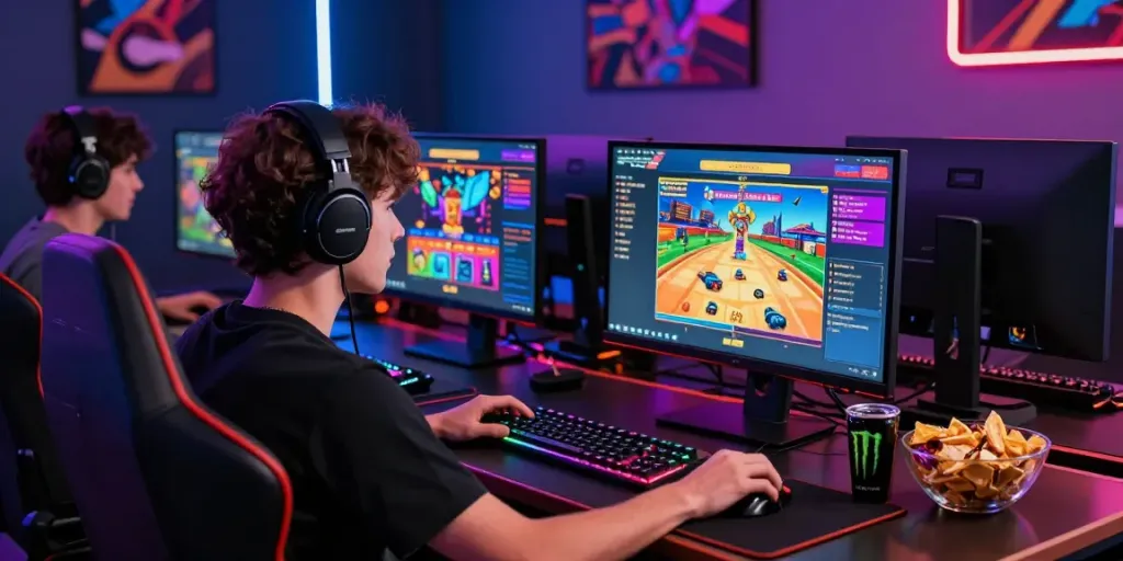 Player engaging in usa online casinos at a colorful gaming setup with ambient lighting and dynamic screens.