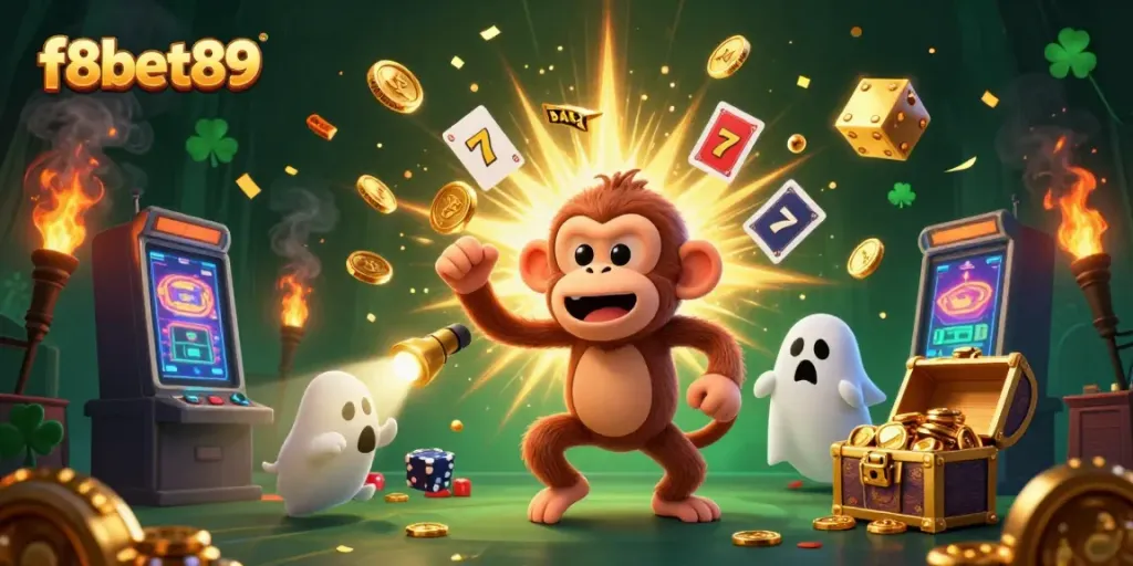 Experience the f8bet89 thrill with vibrant 3D characters in a haunted casino juggling golden treasures.
