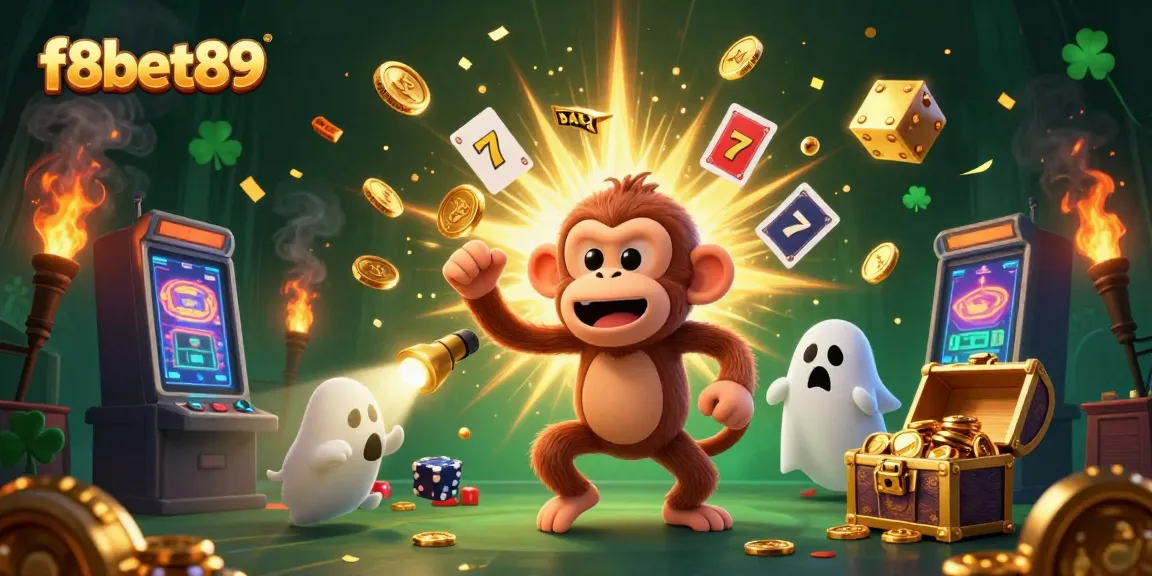 Experience the f8bet89 thrill with vibrant 3D characters in a haunted casino juggling golden treasures.