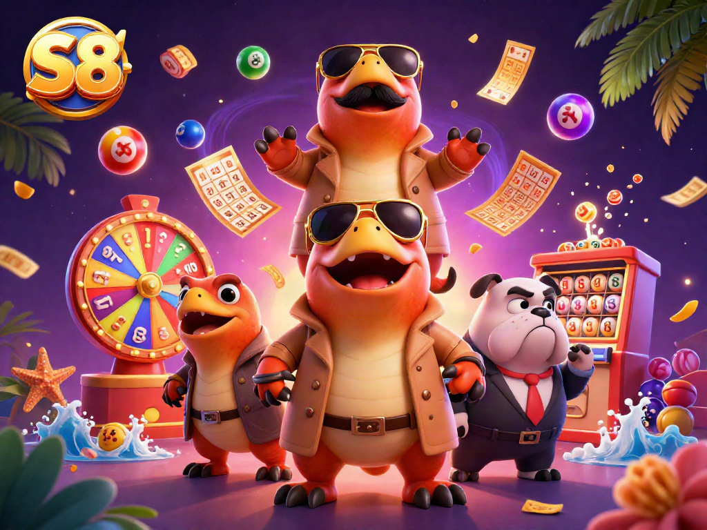 S8 raptors sneak into a VIP casino lounge, while vibrant lottery elements enhance the excitement.