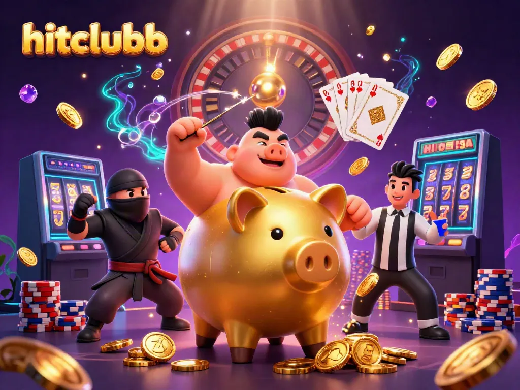 Join the action at hitclubb with a golden piggy bank sumo wrestler and thrilling casino elements.