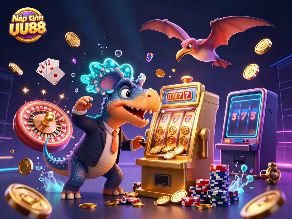 Nạp tiền UU88 celebrates big wins with a lively scene of a dinosaur at a slot machine amid flying coins and colorful casino elements.