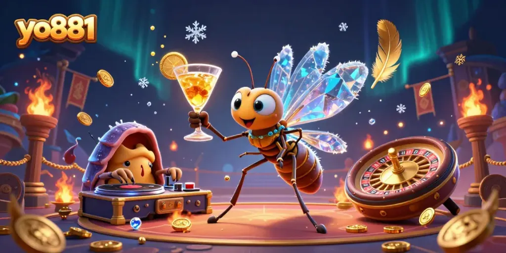 Experience thrilling wins at yo881 with a vibrant 3D cartoon casino illustration featuring unique characters and game elements.