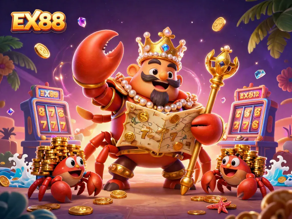 Experience a thrilling gaming adventure with EX88 as golden coins and slots come alive in a vibrant scene.