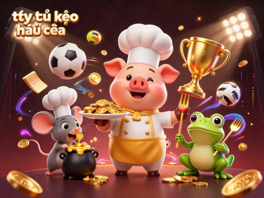 Engaging depiction of tỷ lệ kèo nhà cái featuring a chef pig presenting gold coins, alongside sporting elements and characters.
