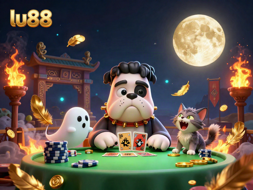 Experience thrilling action at lu88 with a cartoon bulldog dealer and mystical elements in a vibrant casino setting.