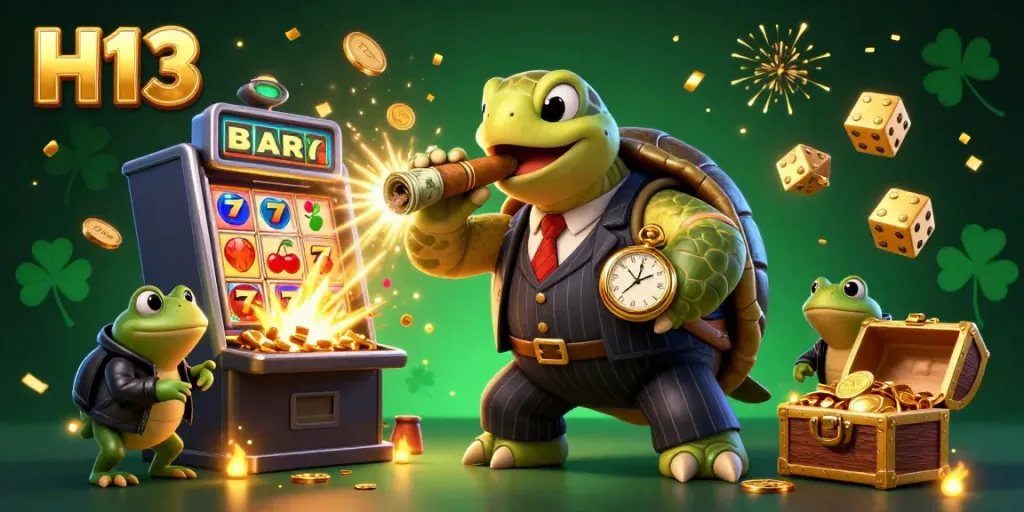Experience jackpots with H13 as a cartoon turtle mobster and bullfrog enforcers surround vibrant casino elements.