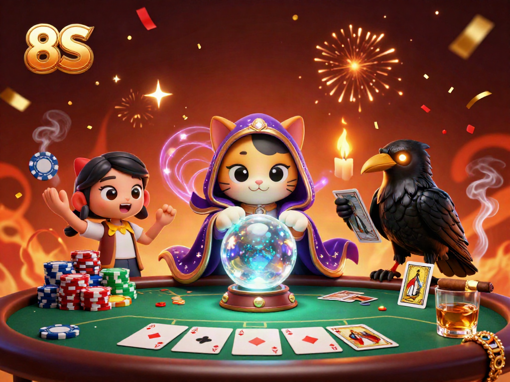 Engage in exciting play with 8S cards and a mystical atmosphere from a fortune teller.