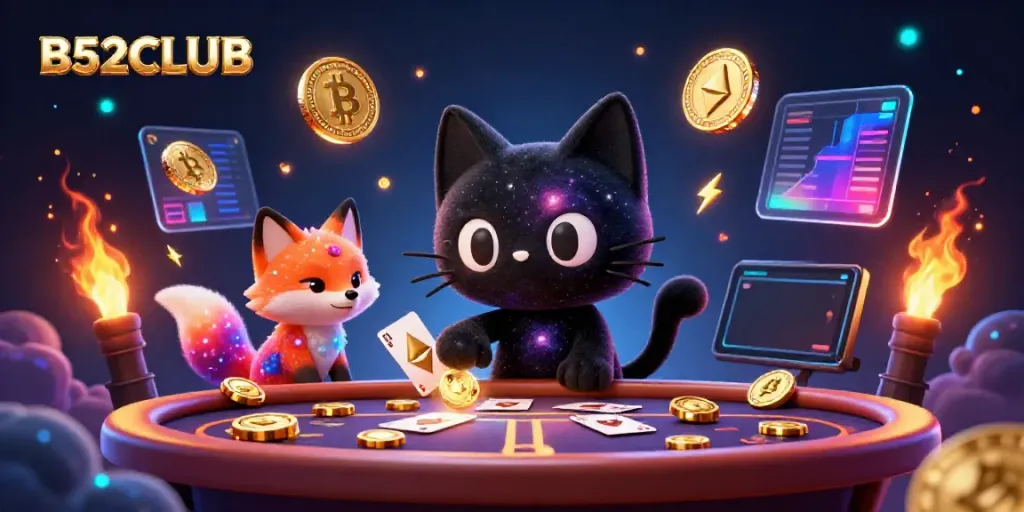 B52CLUB showcases a cosmic casino scene with a black hole cat and a colorful nebula fox amidst floating crypto symbols.