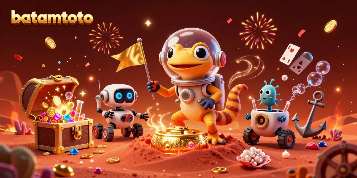 Celebrate wins at batamtoto with a vibrant scene of a Martian gecko exploring a golden casino.